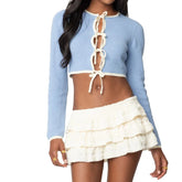 Blue Knit Tie Up Crop Top